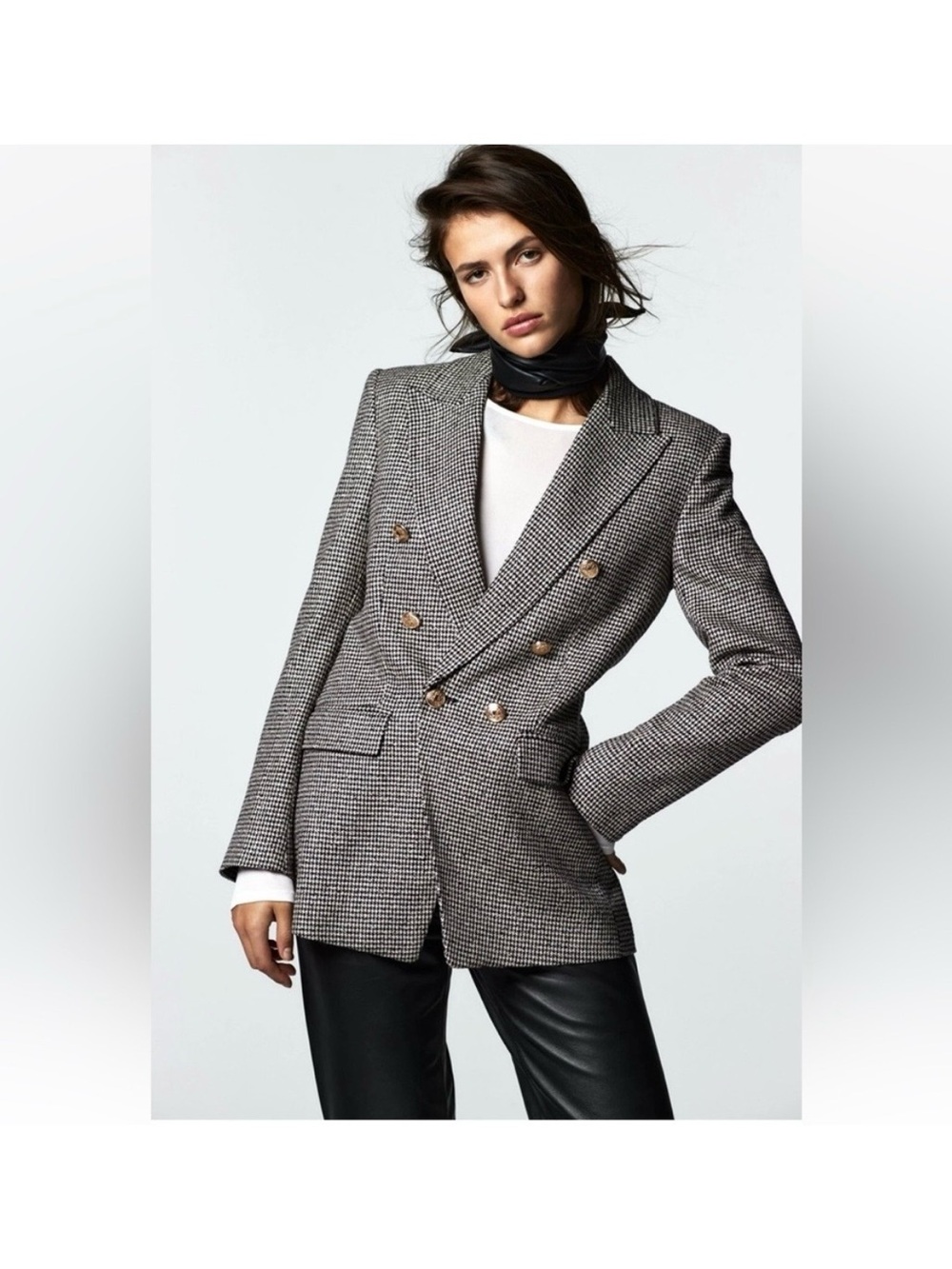 Double-Breasted Houndstooth Blazer Jacket - Black & White Zara NWOT XL